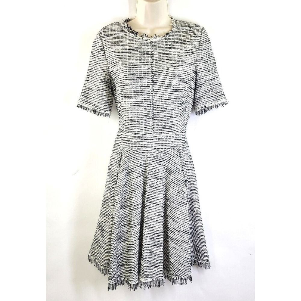 Rebecca Taylor Dress Womena 10 A-Line Career Black & White Tweed Fringe Hem